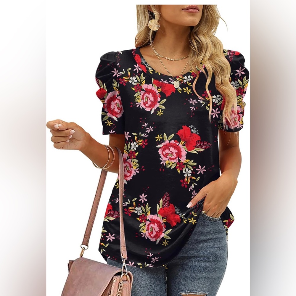 NWT XIEERDUO Women Shirts Crewneck Puff Sleeve Tops Dressy Casual Tshirts Flowy